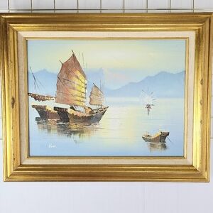 Kwok Signed Boat Nautical Ship Ocean Scene Oil Canvas Painting